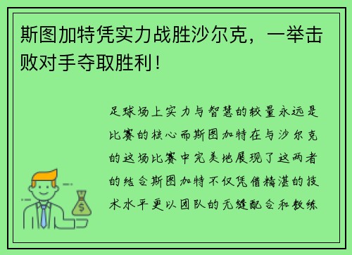 斯图加特凭实力战胜沙尔克，一举击败对手夺取胜利！