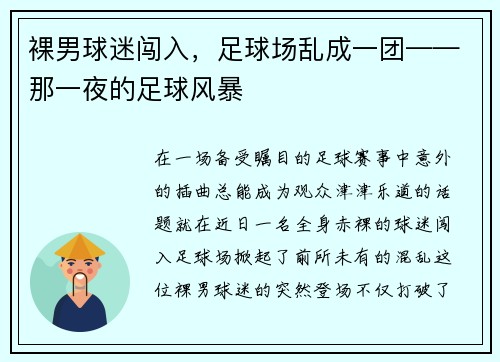 裸男球迷闯入，足球场乱成一团——那一夜的足球风暴