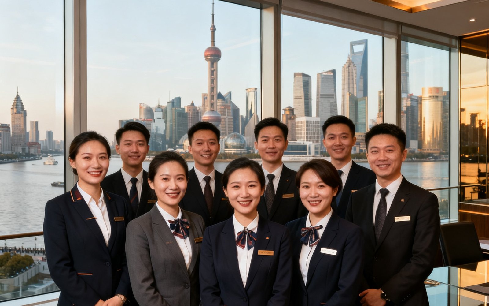 美狮贵宾会核心服务团队成员在上海外滩办公室合影，背景透过落地窗可见黄浦江与陆家嘴天际线，团队成员身着专业制服露出自信微笑