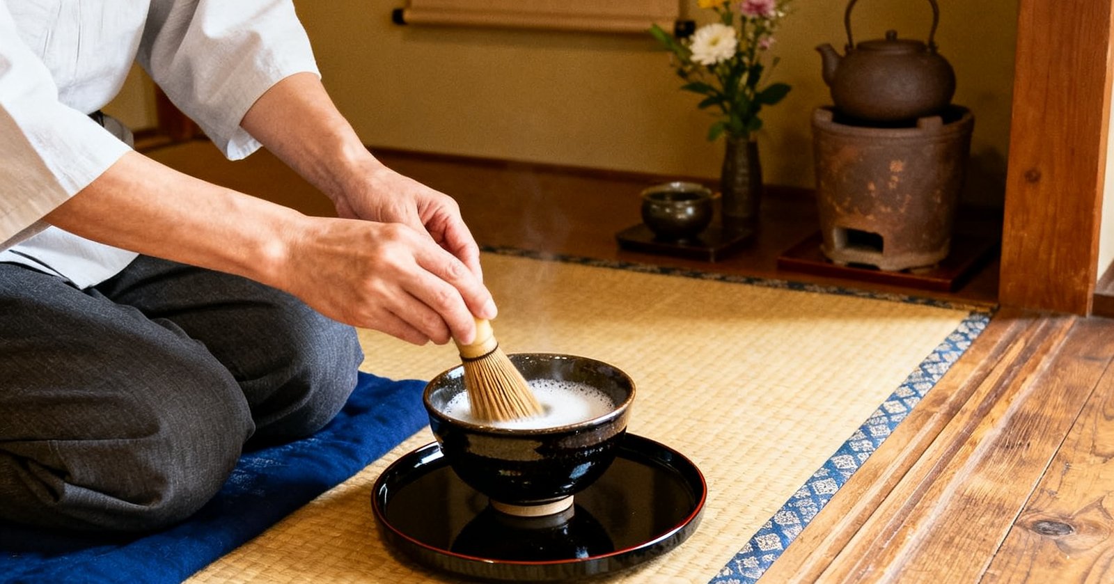 日本冲绳一处私人琉球茶道体验馆的内景，榻榻米房间内茶师正在为贵宾演示传统点茶仪式