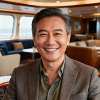 一位成熟稳重的男性贵宾周先生的商务头像，穿着休闲西装面带自信笑容，背景为邮轮室内休息区